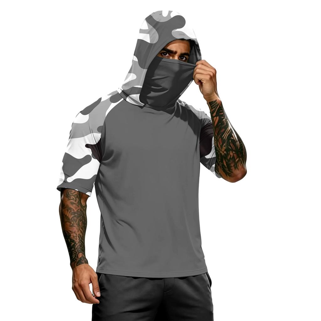 Men's Short Sleeve Hooded T Shirt Digital Camouflage Print Pullover Athletic Fit Lightweight Top for Sports Training