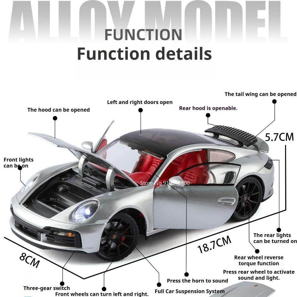 Scale 1:24 911 GT3 RS Car Model Toy Music Light Effects Supercars Four Wheel Suspension Vehicles Models Toys Kids Birthday Gifts