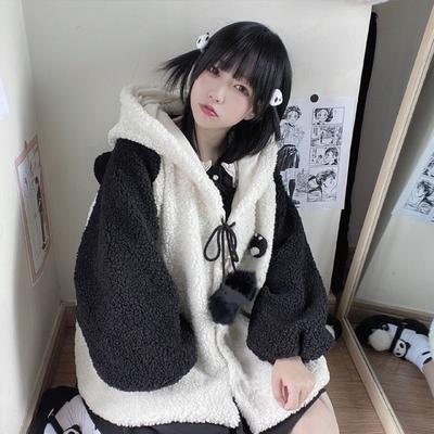 Herbst und Winter Niedlicher Panda-Mantel Plus Samtverdickter Pyjama-Mantel für Studenten Lose Kapuzenoberseite Flut INS Kawaii