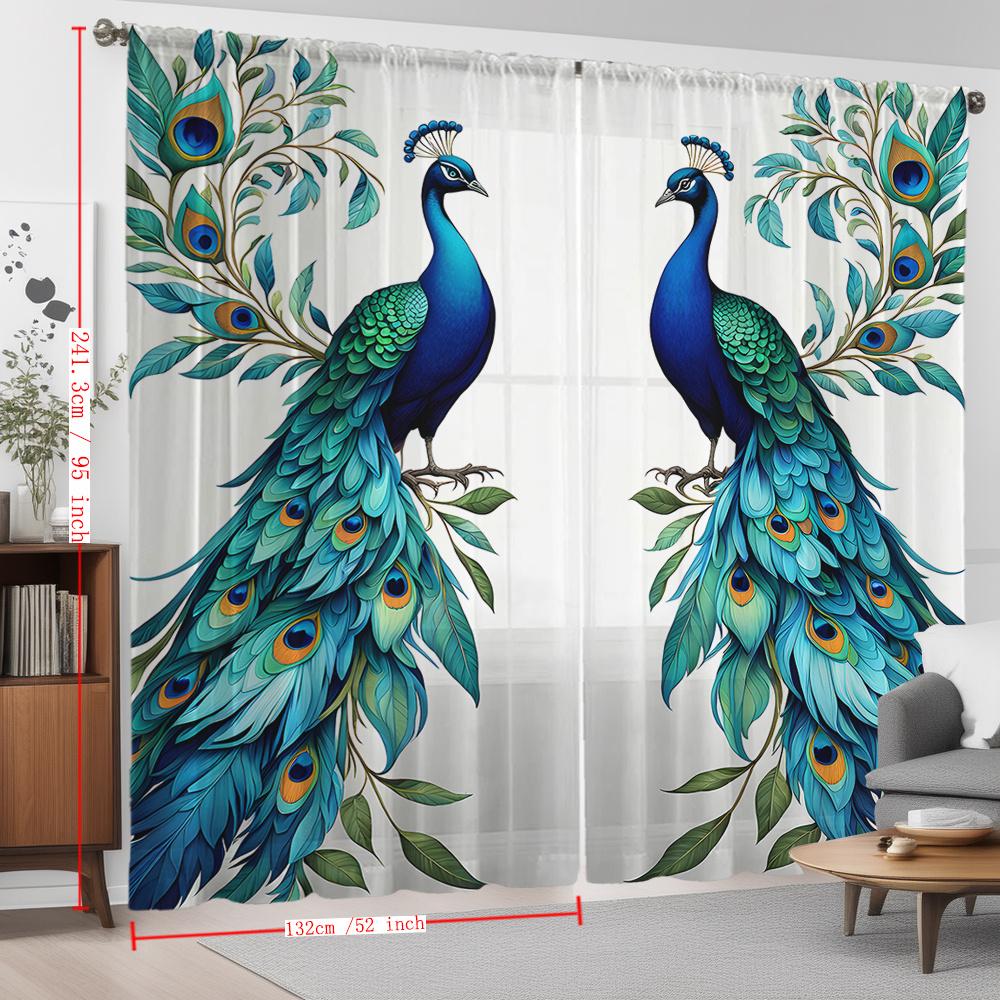 2Pcs Polyester Blue Peacock Floating Printing Window Curtains Birthday Party Decoration Backdrop Drapes for Living Room