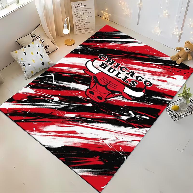Chicago Bulls Logo with Abstract Red Pattern Non-slip Rug Suitable for Living Room and Bedroom Sofas.