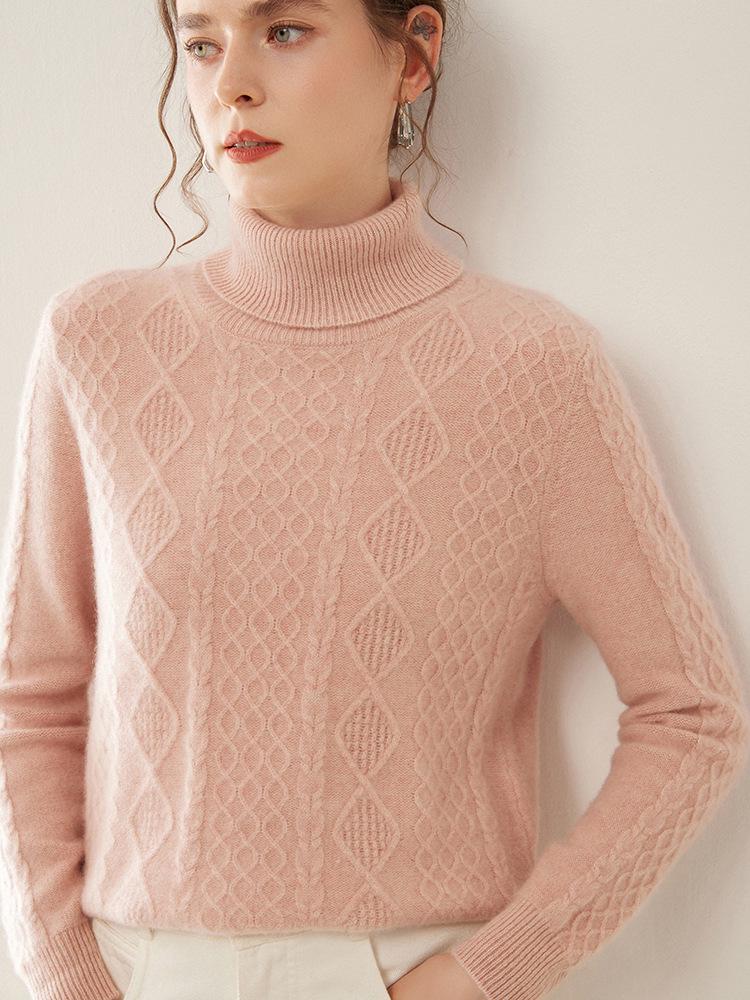 Ladies' Retro High-Neck Double-Strand Cashmere Knit Pullover