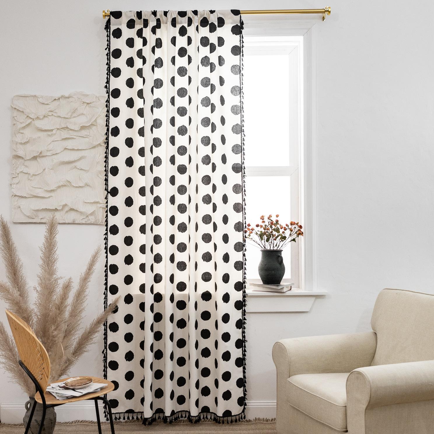 

Nordic Circle Black Tassel Window Curtains for Living Room Dining Curtain Fabric Vintage Cotton Linen Drapes Bedroom Decoration W150CM x H180CM 1pc&Rod Pocket