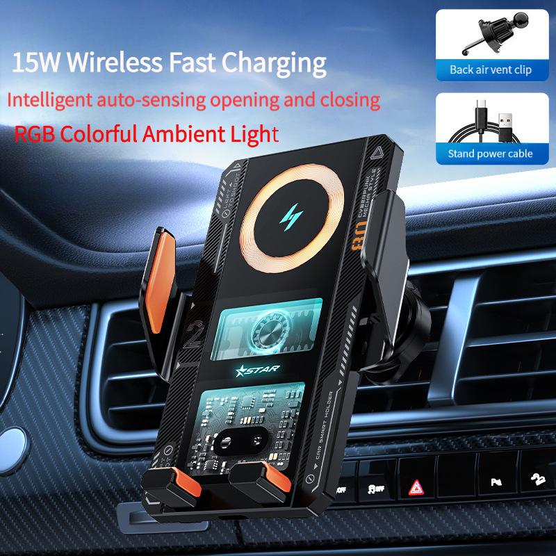 Transparent Car Wireless Charger Mount, Auto Sensing Electric Clamp, LED Air Vent Phone Holder, 15W Fast Charging with Power-Off Release for iPhone чёрный