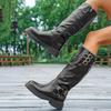 Botas de couro preto fivela de cinto retrô francesa cano médio sola grossa botas de cowboy ocidental cavaleiro botas de cowboy