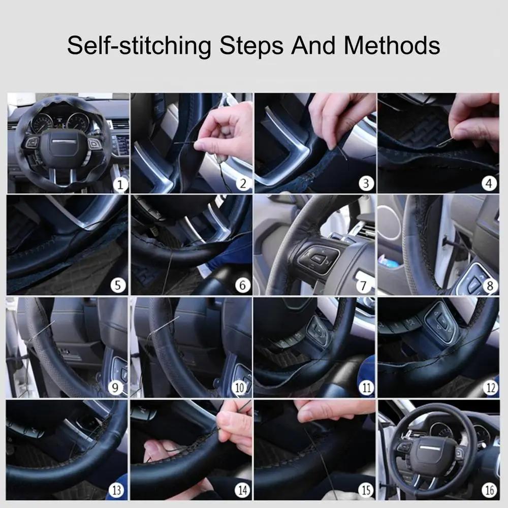 DIY PU Leather Steering Wheel Cover - Non-Slip Hand Stitched w/Needle & Thread, Universal Fit for Auto/Car/Truck (4 Colors)