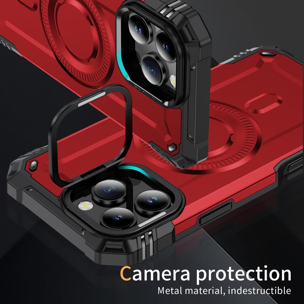 For iPhone 16 Pro Max Magnetic Case Lens Kickstand PC + TPU Shockproof Phone Cover