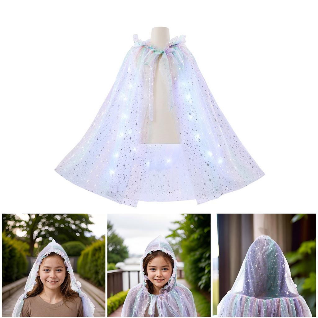 Rainbow Tulle Princess Cape for Kids Glowing Hooded Anna Cloak Dress Up Accessory For Theme Parties Halloween Props