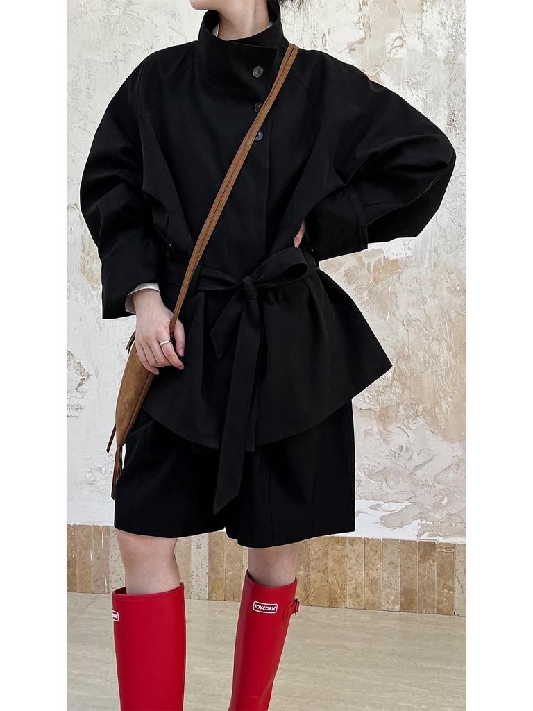 Luxi Women's 2024 Autumn Slimming Trench Coat with Stand Collar & Drawstring