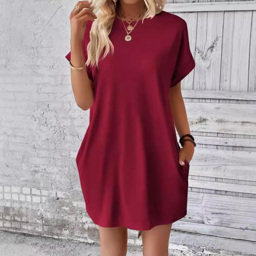 Round Neck Pocket Short Sleeved Women's Dresses