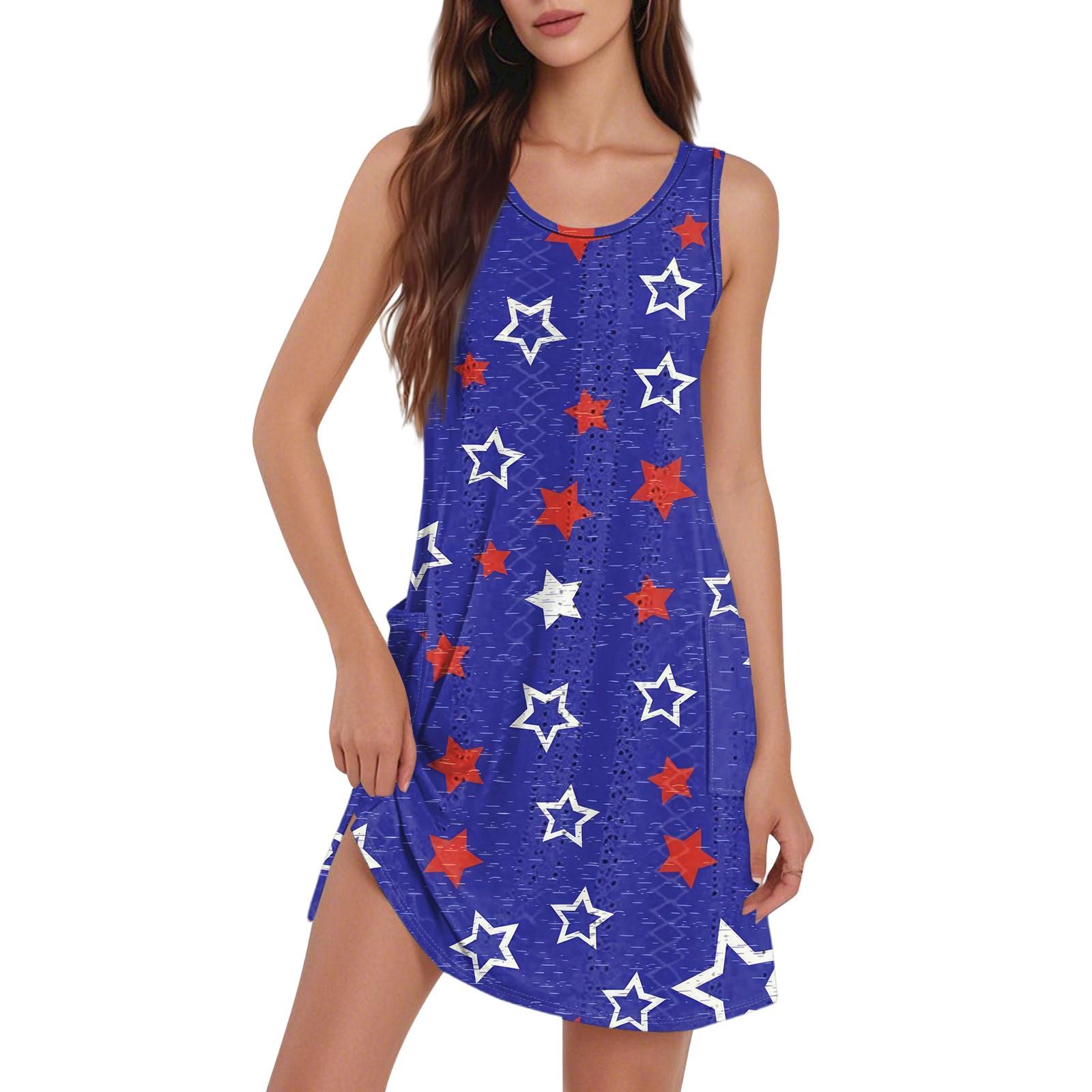

Women s Casual Fashion Breathable Independence Day Printed Pocket Hem Slit Vest Dress L