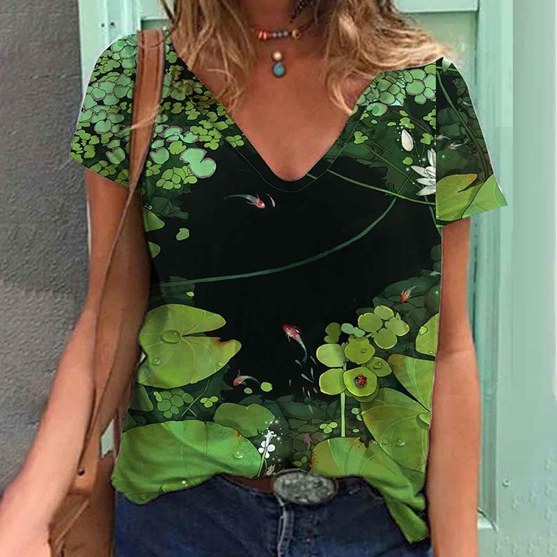 

Летняя одежда Футболка с цветочным принтом Футболка с короткими рукавами и V-образным вырезом Женская одежда Футболка с маргаритками XXS