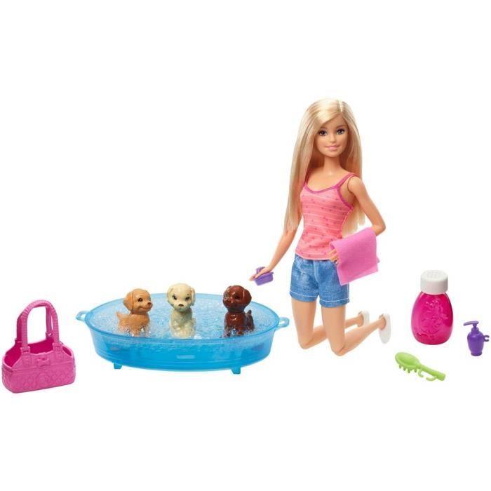 Barbie - famille coffret le bain des chiots, poupée blonde et 3 figurines de chiots, avec baignoire et accessoires, jouet po 1065