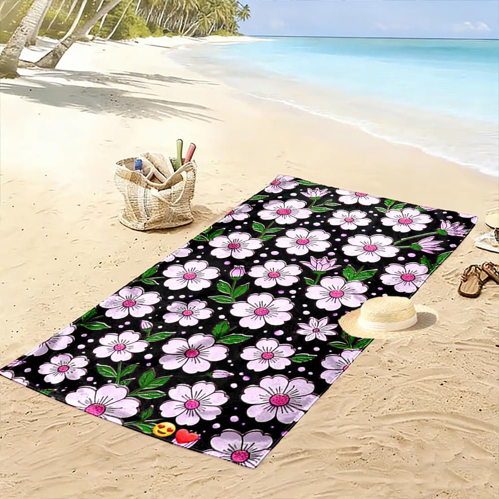 Pink Floral Pattern on Black Beach towel quick-drying for travel outdoor sports jogging beach and swimming