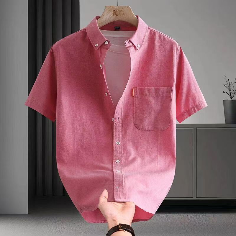 Plus Size 5XL Men's Dress Shirt Short Sleeve Summer Cotton Oxford Casual Solid Color Turn Down Collar Regular Fit Daily Top