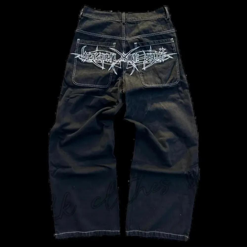 RogueWave Streetwear Jeans Y2K Retro Hip Hop Bestickte Baggy Jeans Retro Schwarze Hose Herren Damen Neu Hohe Taille Weites Bein Hose S schwarz
