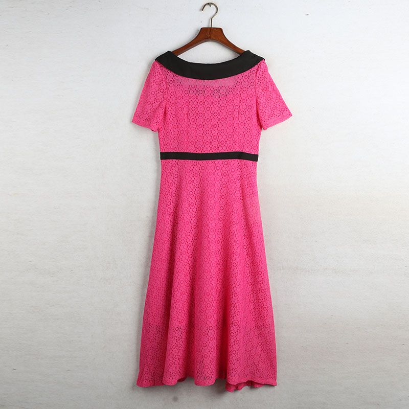 

Sunshine House Summer New Arrival Export Fashion H Home round Neck Back Lapel Short Sleeve Dress A- line Dress Women s Clothing Rose Red Bust Size 88