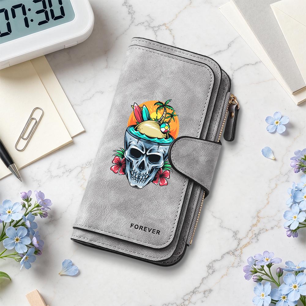 Skull Tropical Print Long Wallet Forever Fashion Multi Card Holders Purse for Daily Use