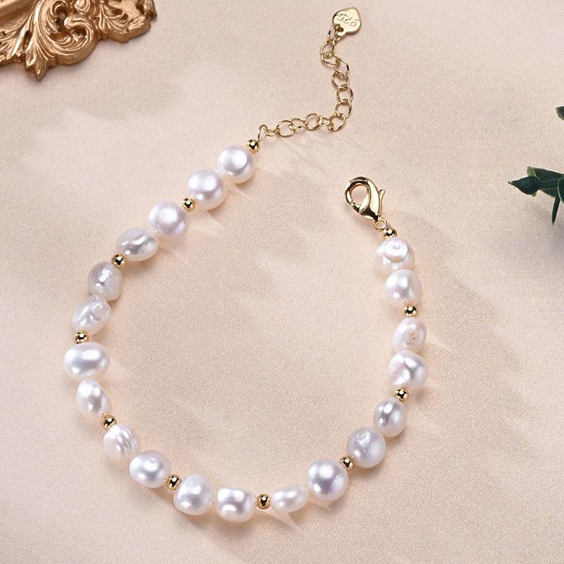 HENGSHENG Freshwater 8-9mm White Pearl Baroque With Small Gold Bead Bracelet 925 Sterling Silver Jewelry Gifts for Women Girls
