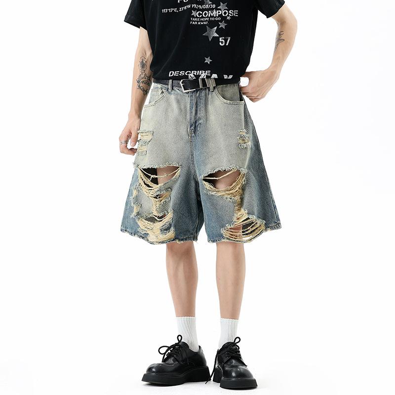 European And American Trend Casual Pants Men S And Women S Street Hip-Hop Ripped Design Wide-Leg Loose Denim Trousers S