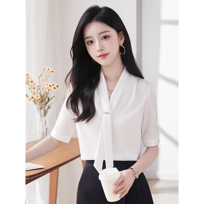 Taluoman Women's Short Sleeve Chiffon Tie-Neck Blouse