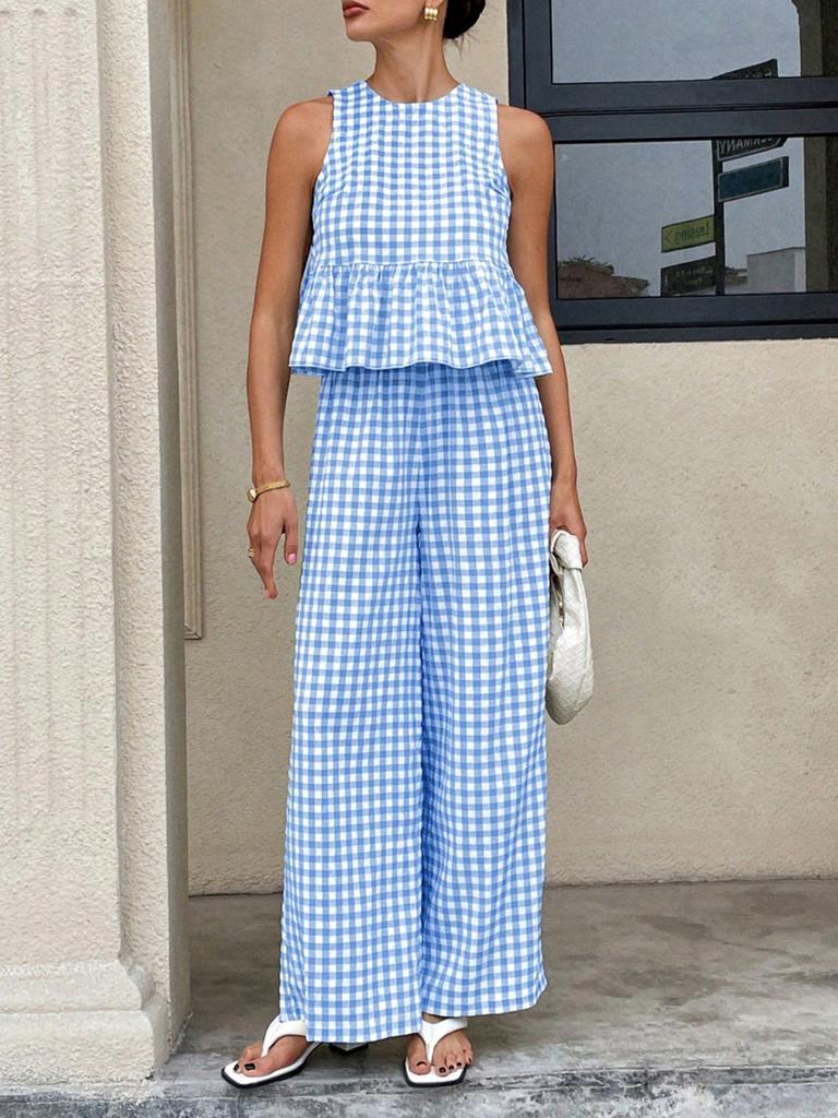 Casual Plaid Sleeveless Twopiece Set With Ruffle Hem For Women Spring Summer Comfort