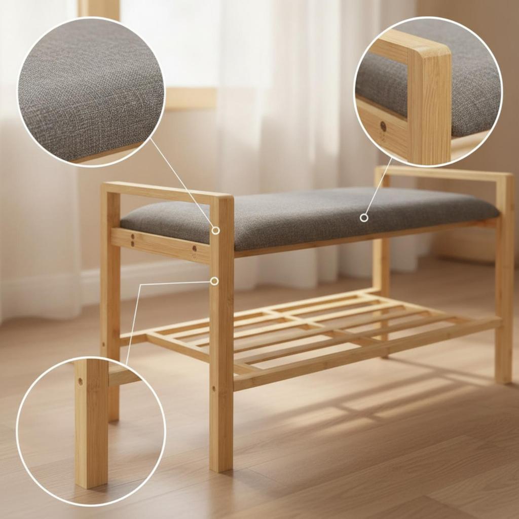 Bamboo Shoe Bench with Shelf Comfortable Furniture Stable for Bedroom