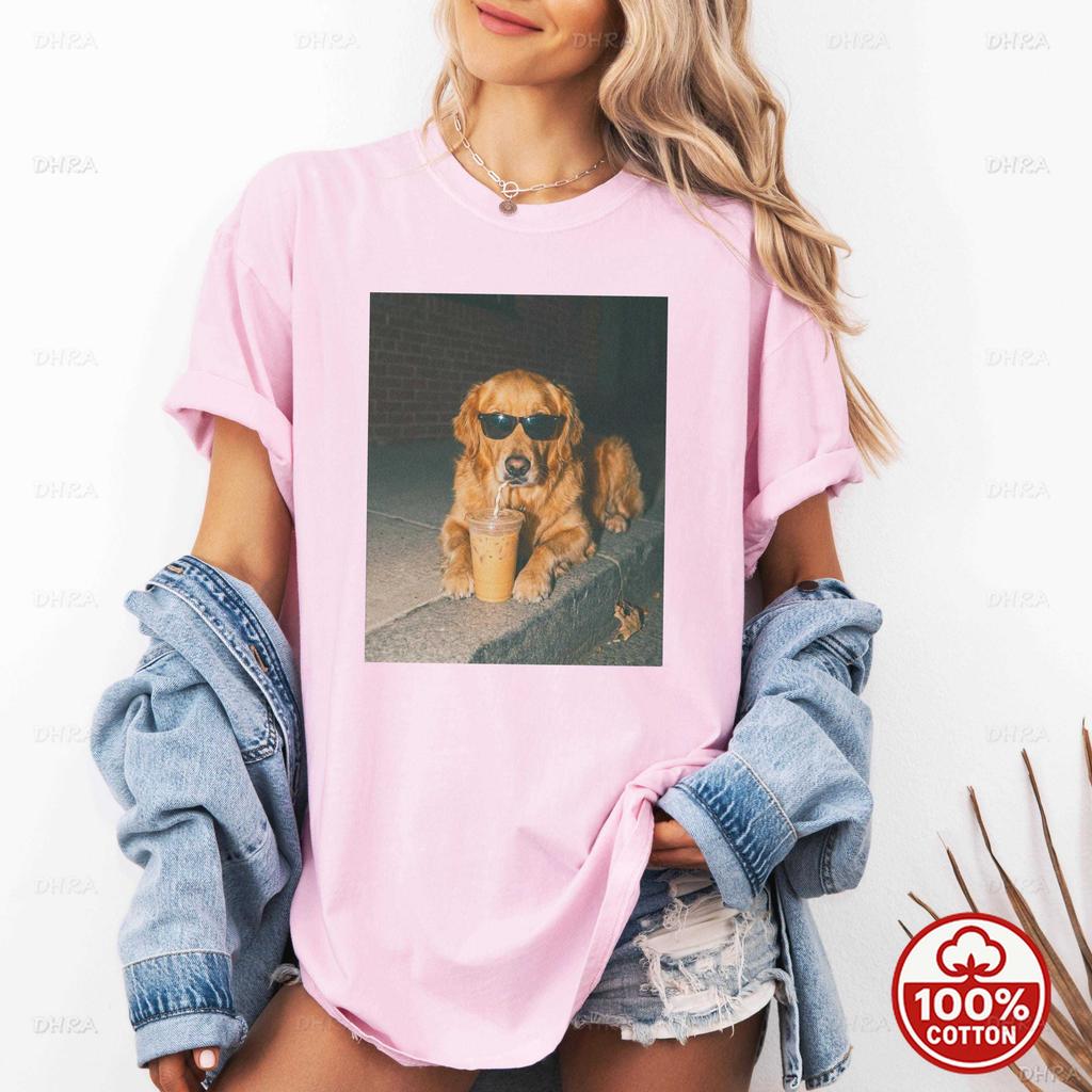 Summer Dog TShirt Unisex Golden Retriever Sunglasses Drinking Graphic Cotton Tee