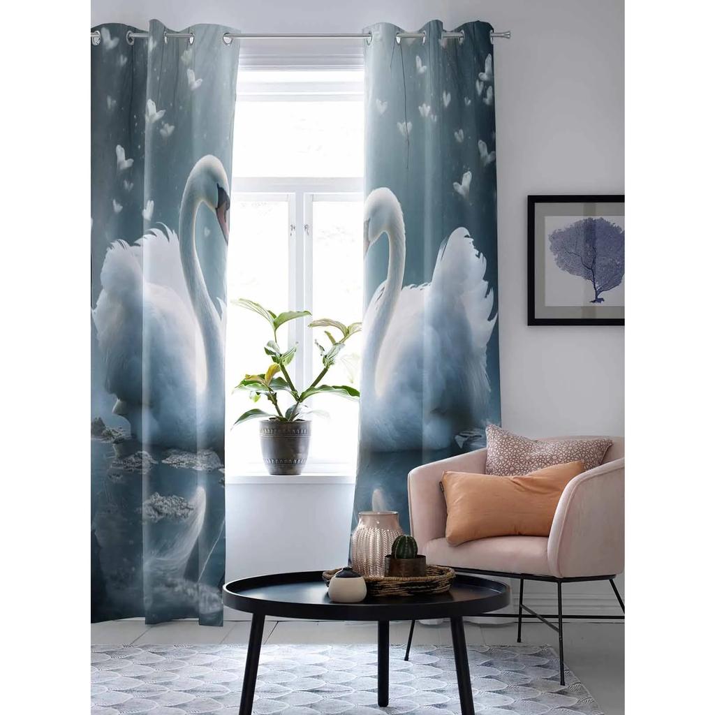 Valentine'S Day Love Swan Illustration Grommet Curtains for Bedroom Living Room Home Decor Window Treatments Drapes
