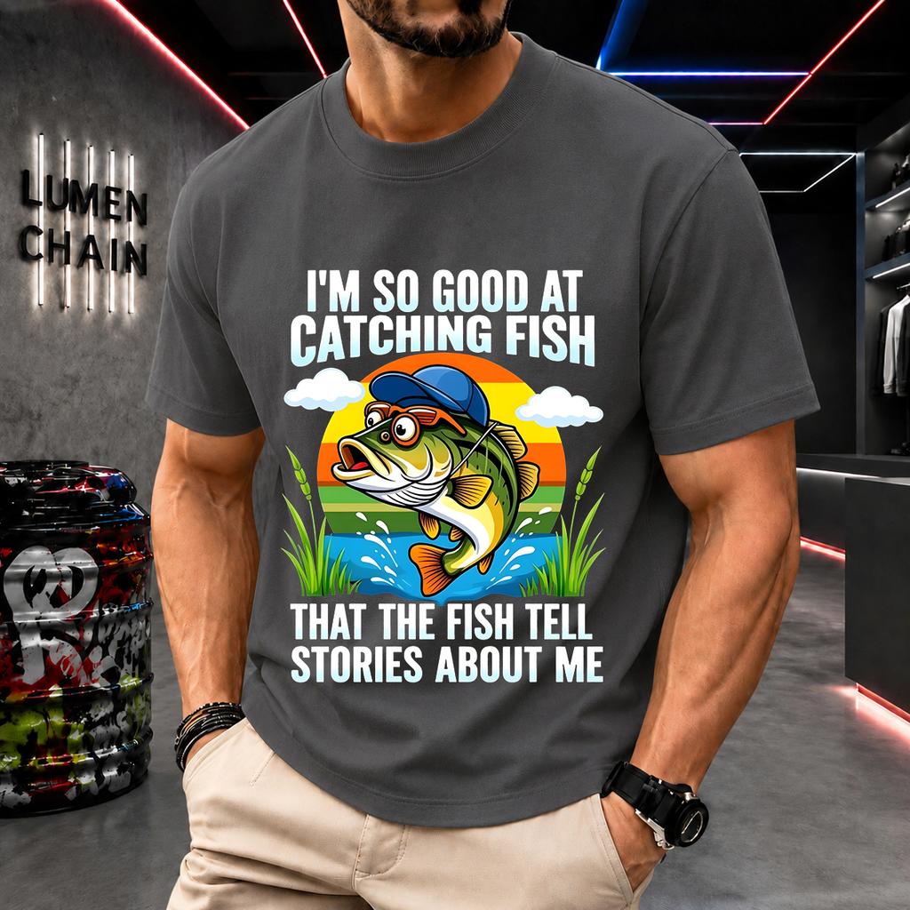 2026 New Pure Cotton Tshirt Fishing So Good Even The Fish Tell My Story Fun Slogan Print Crew Neck Short Sleeve Casual Top