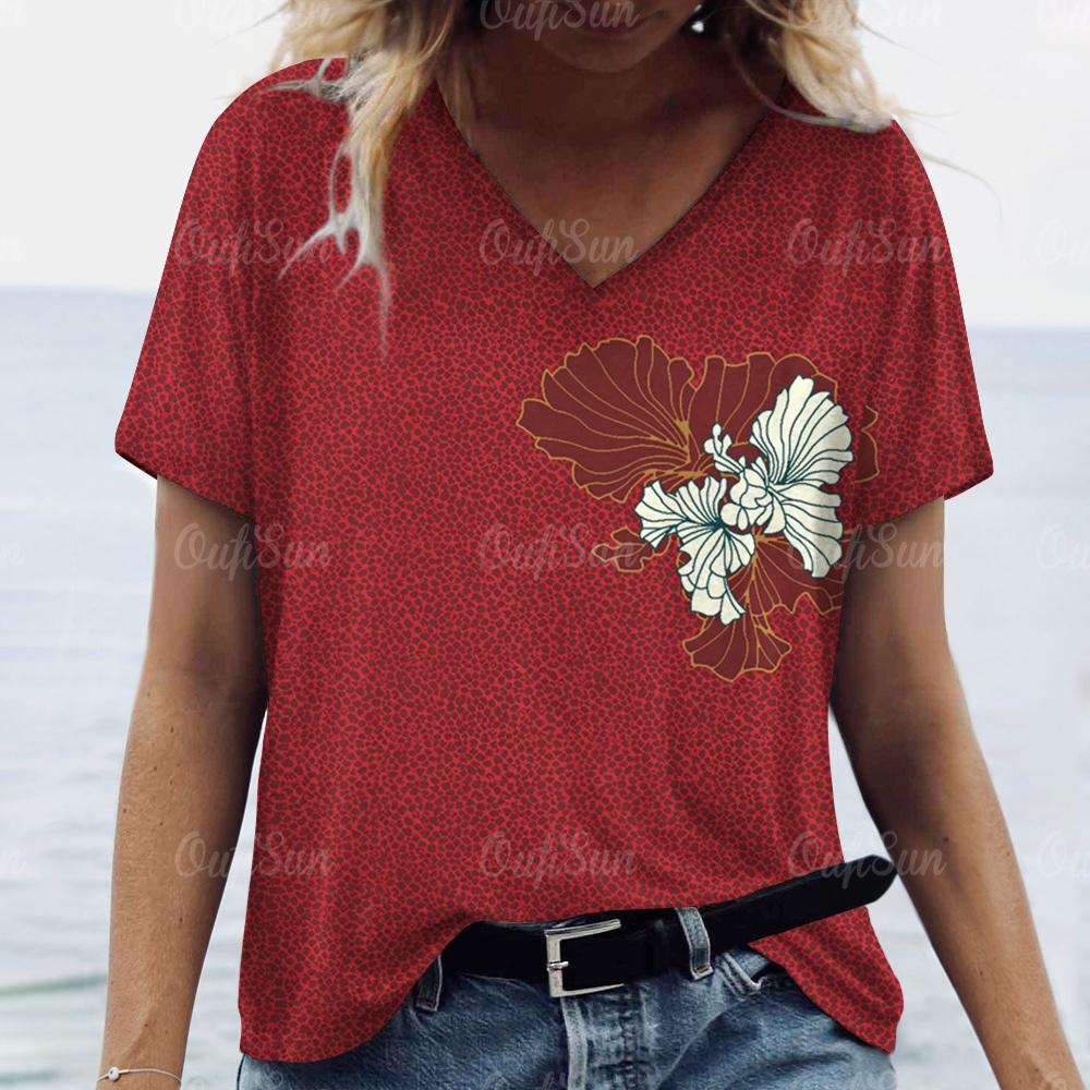 2024 Luxus Damen T-Shirt 3D Blumen- und Grasdruck Übergröße Damen Trend Kleidung Mode Kurzarmshirt Damen V-Ausschnitt Top