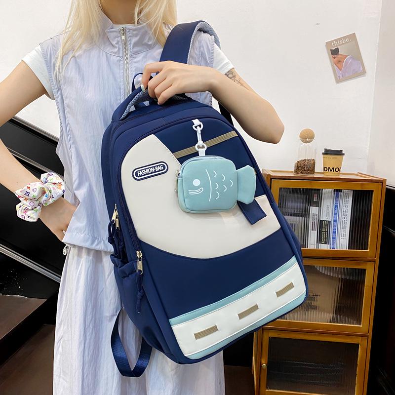 Large Capacity Color Block Student Backpack with Small Fish Pocket - Wear-Resistant Casual Design