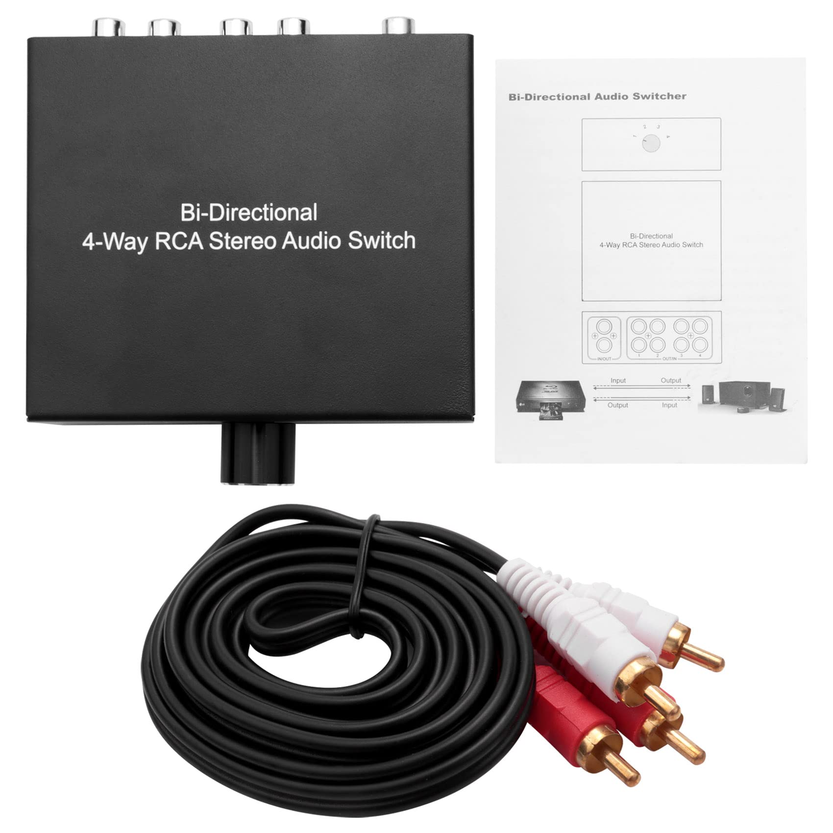 

Dovhmoh Bidirectional Stereo Audio 1 Out or 4 Out Jack Sound Audio Switcher Selector 4-Way, Switch, In/4 In/1 L/R Channel, чорний