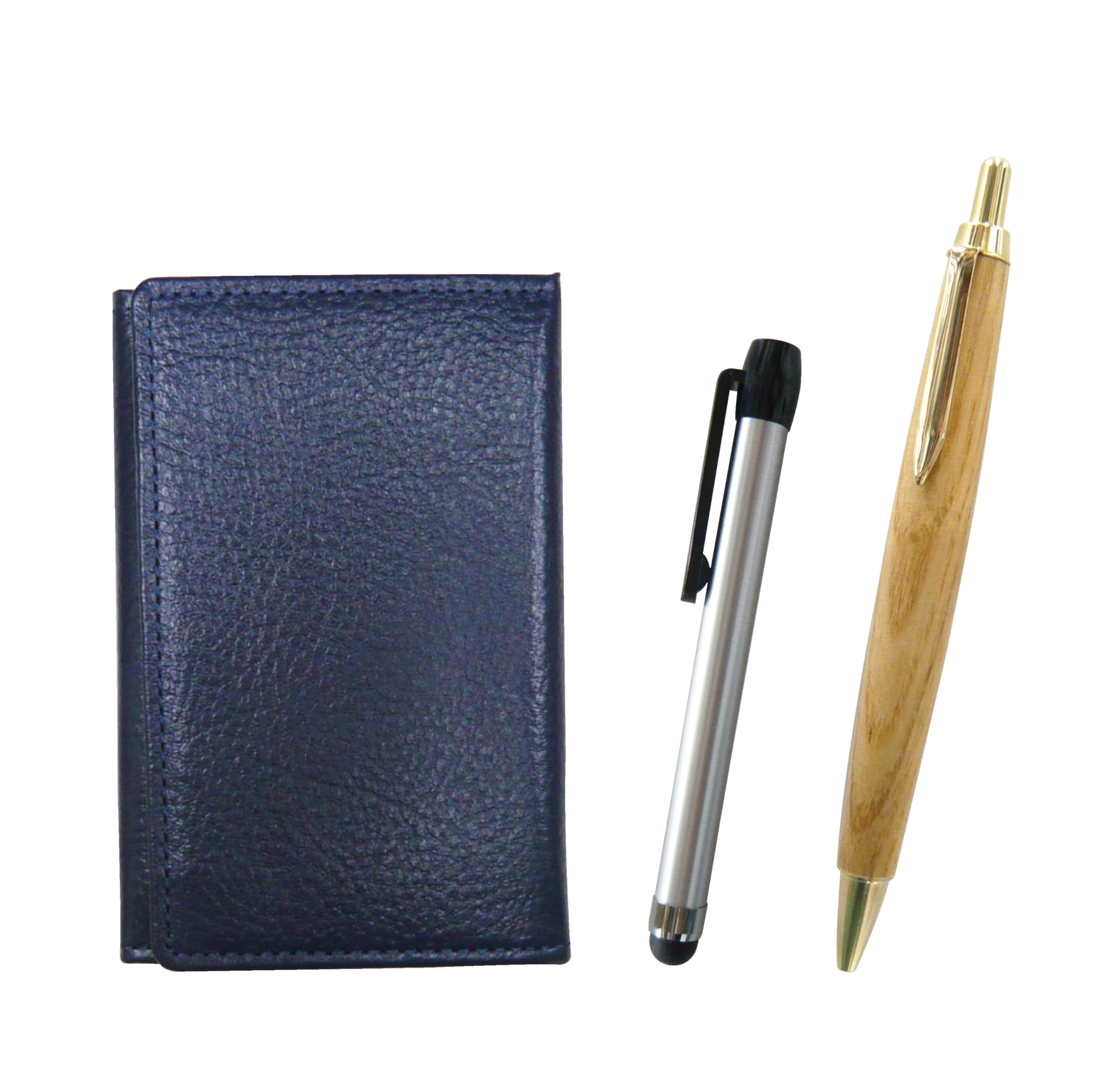 

Blue grained leather business card metal touch silver pen and maple wood barrel retro ballpoint pen set holder, MEIL-ALST-HS47S