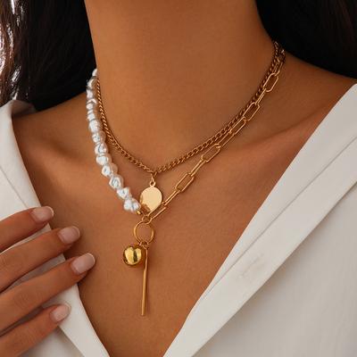 Simple Special-Shaped Imitation Pearl Multi-Layer Stacked Necklace, Personalized Metal Sequined Hanging Ball Necklace For Women