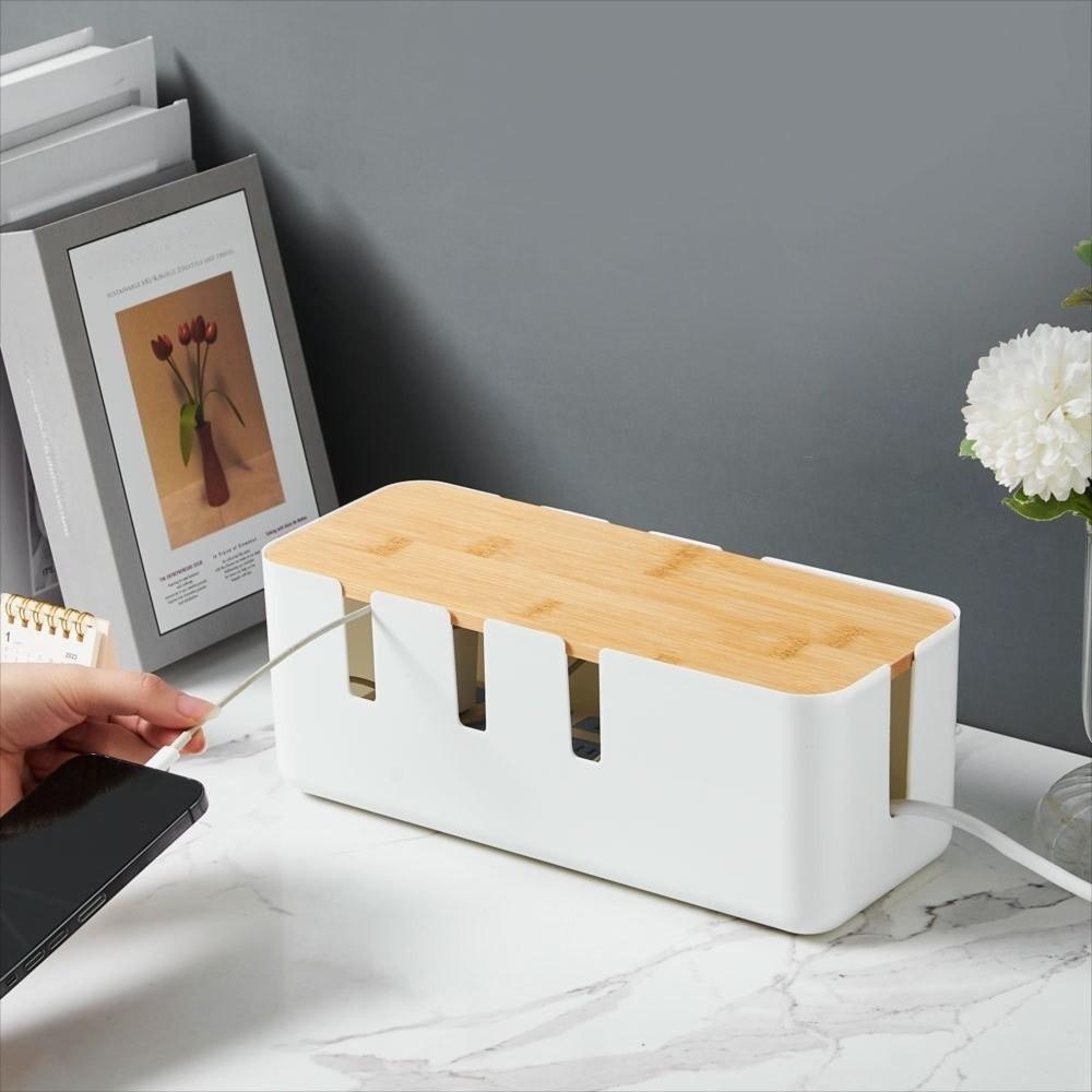 With Wooden Lid Desk Power Cable Box Storage Bin Power Wire Case Power Cord Case  Charger