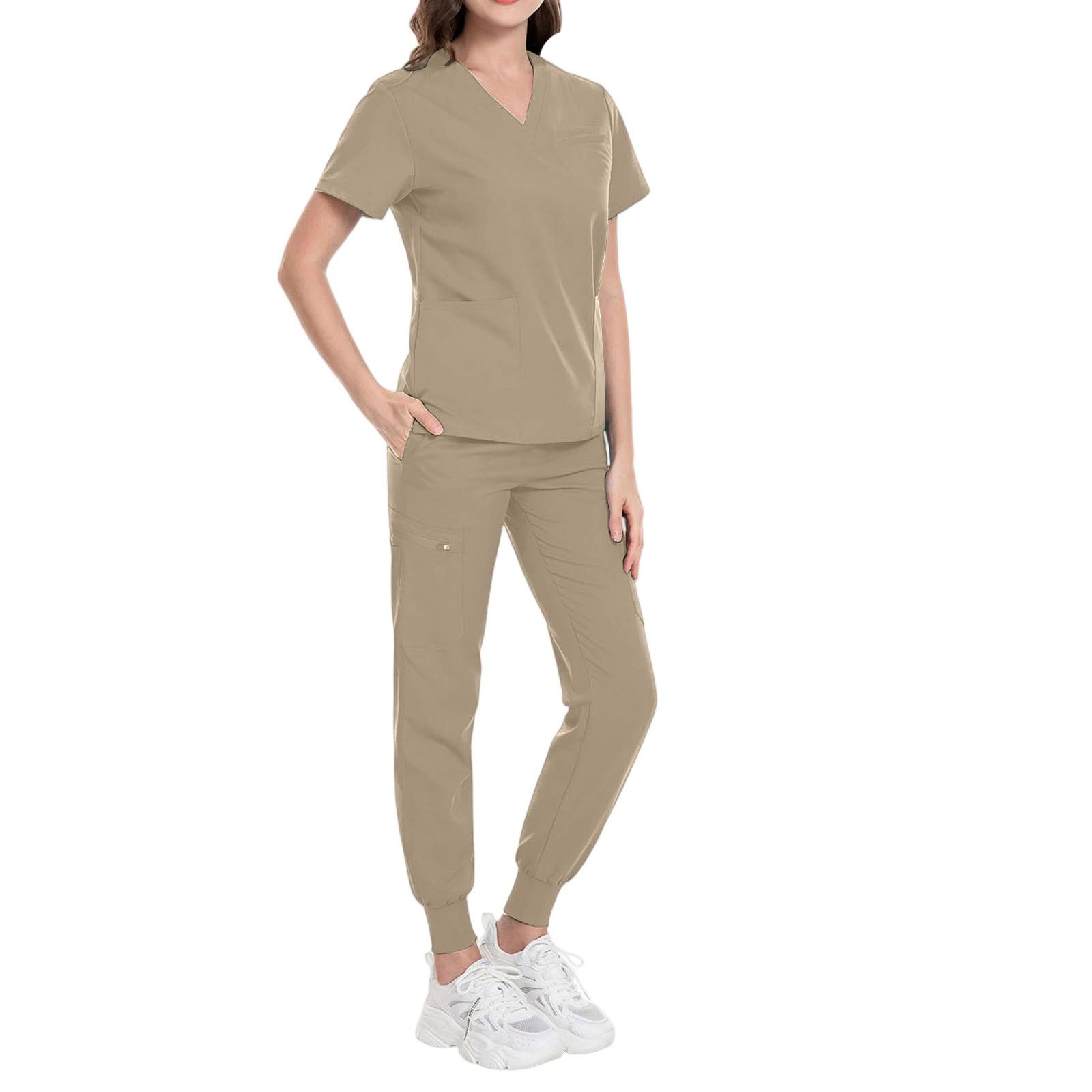 

Women s Short Sleeved Solid Color Round Neck Pocket Top Pants Work Clothes Two Piece Set L хакі