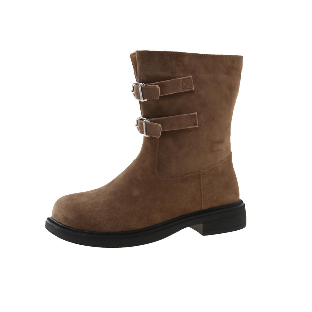 Suede Retro Martin Boots Women's 2024 Winter Belt Buckle Popular Thin Boots Foreign Style Warm Cotton Boots Tide