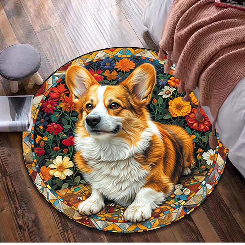 1Pc Animal Dog Circular Print Rug - Home Decoration Carpet For Living Room Bedroom Flooring Computer Chair Area Rug
