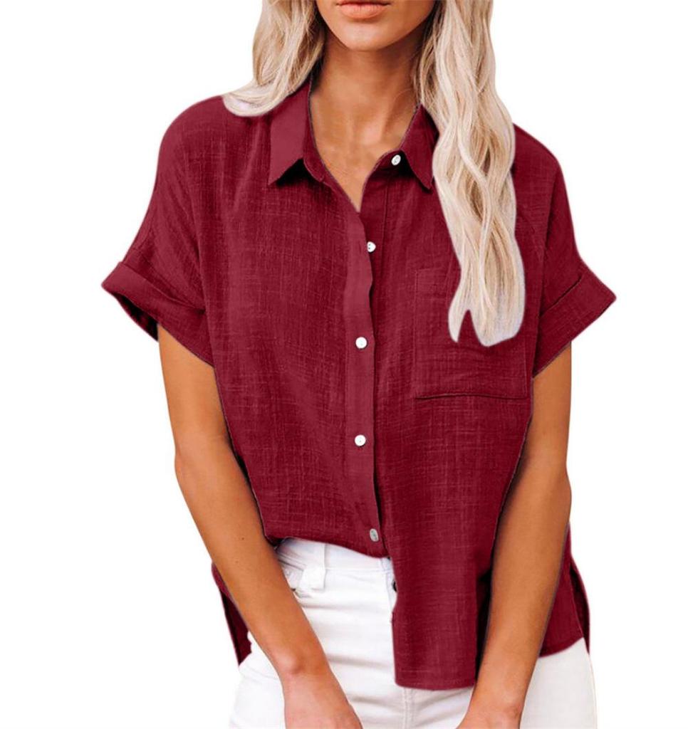 Summer Plain Button Down Turn Down Collar Women's Solid Cotton Short Sleeve Blouse Shirts
