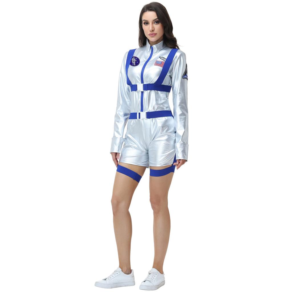 Cosplay Halloween sexy adult female astronaut cos suit silver glossy jumpsuit astronaut suit