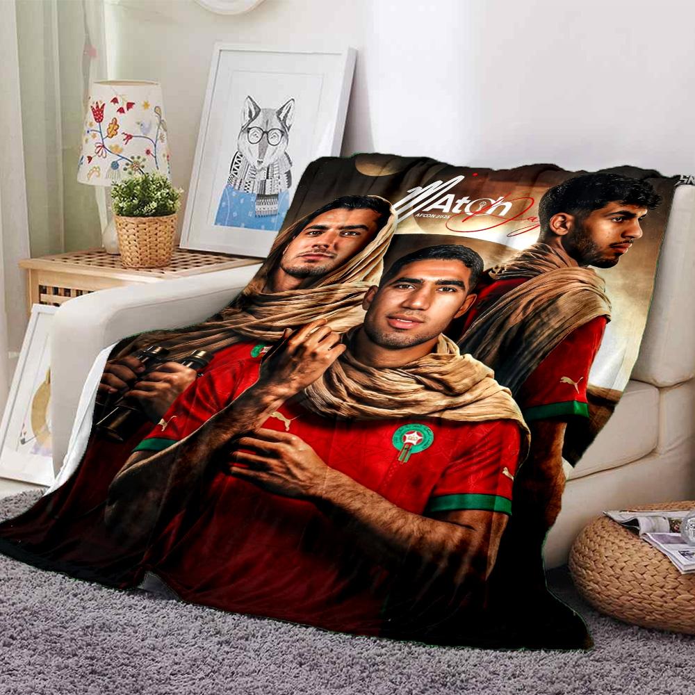 Morocco Football Player Print Flannel Throw Blanket, Sports Fan Soft Warm Blanket for Sofa Bed Couch Home Use