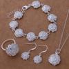 Rose Flower European & American Fashion Jewelry Set: Sterling Silver Plated Bracelet, Necklace, Earrings & Ring.