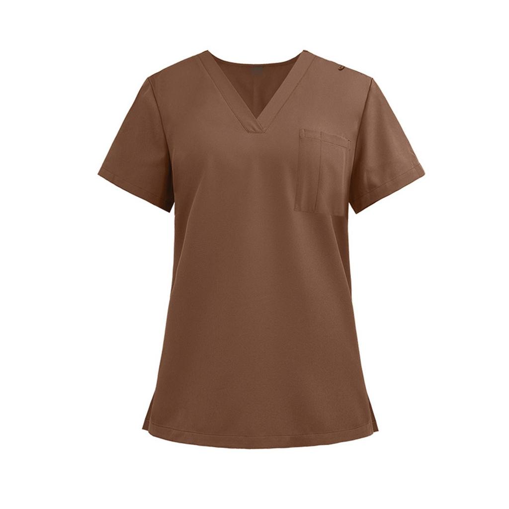 Ladies' Lightweight Solid Color V-neck Pocket Side Slit Short Sleeved Shirt