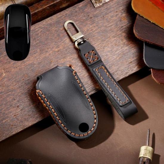Genuine Leather Car Remote Key Fob Case Cover Keychain Holder For Tesla Model X