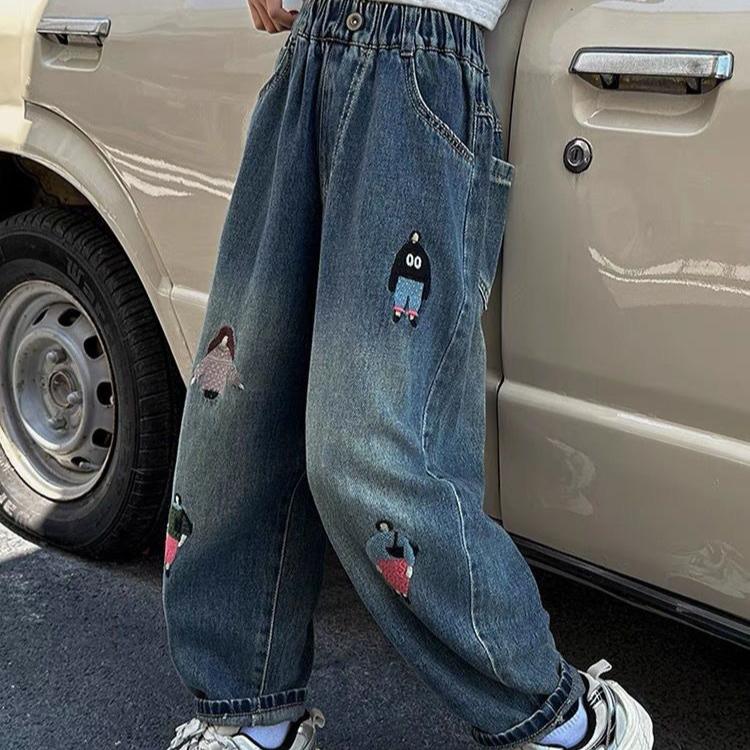 Girls' Jeans Dad's Pants Stylish Embroidery Straight Tube Radish Girls' Big Boys' Harem Pants