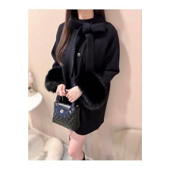 DHOLIC ribbon neck eco fur wool coat with unused tag