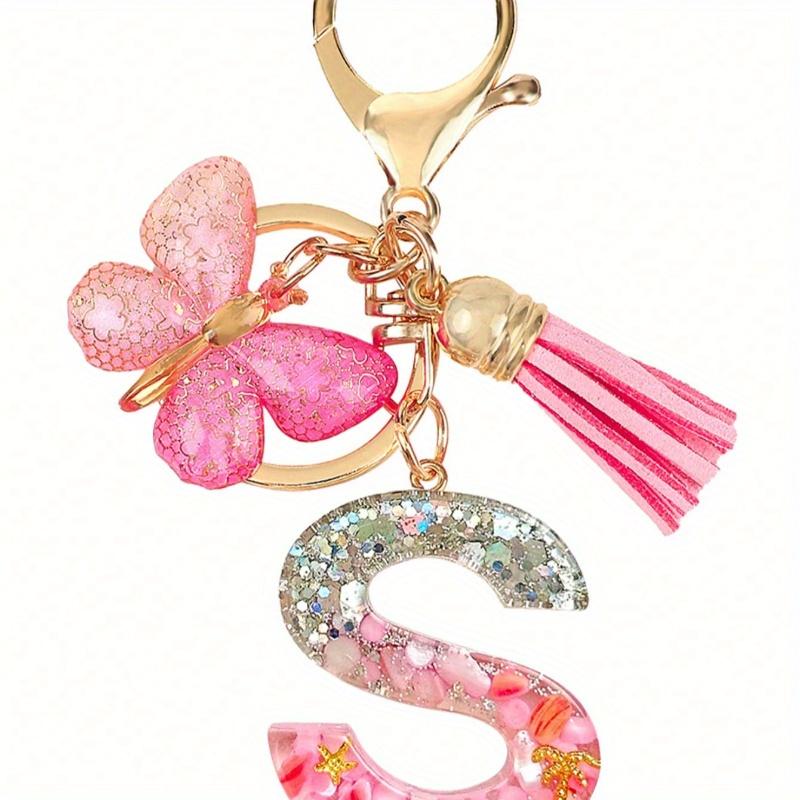 Personalized Bling Monogram Keychain for Women - Resin Letter Charm with Silvery Glitter, Pink Pebble & Gold Star Shaker - Birthday Gifts for Her