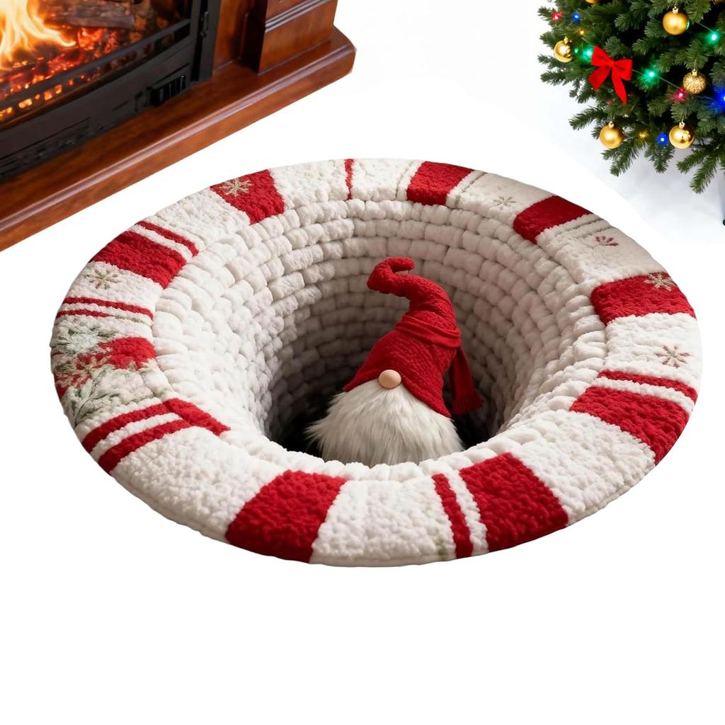 2D Flat Christmas Carpet 3D Visual Optical Illusion Rugs Non-slip Christmas Floor Mat Decor Optical Illusion Gnome Round Rugs