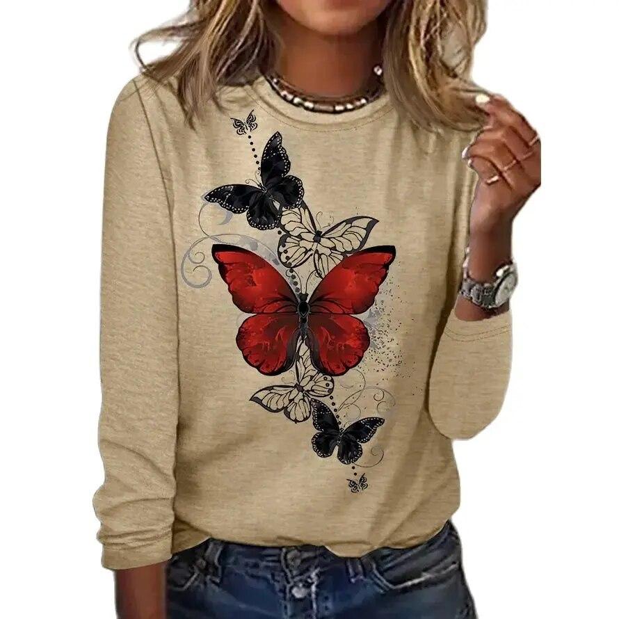 Women's 3d T-Shirt O-Neck Long Sleeve Butterfly Fashion Animal Print Large Casual Vintage Street Wear Oversized Female Clothing